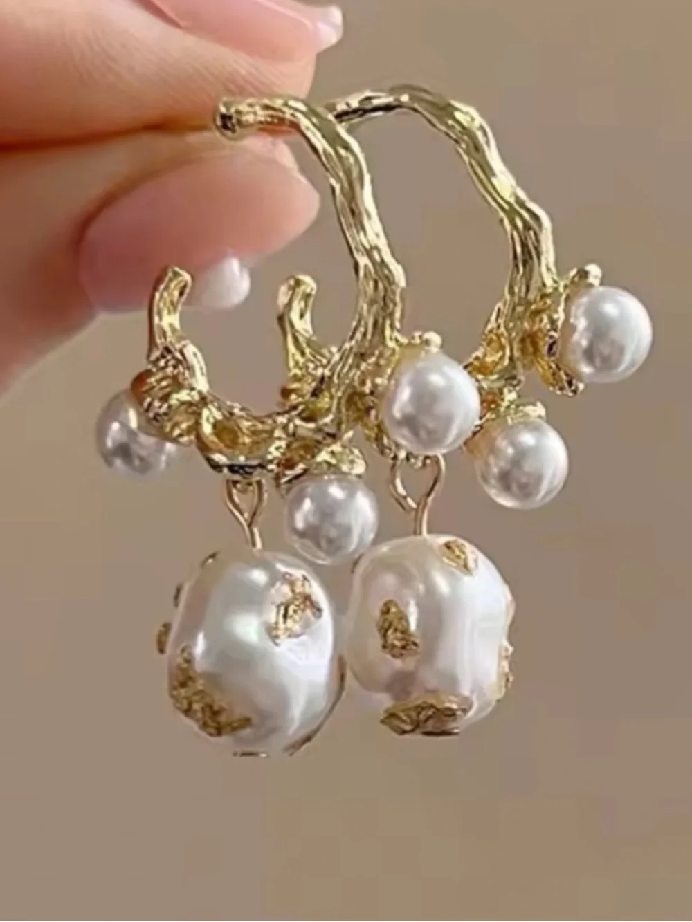 Gold and White Pearl Sculpted Drop Earrings